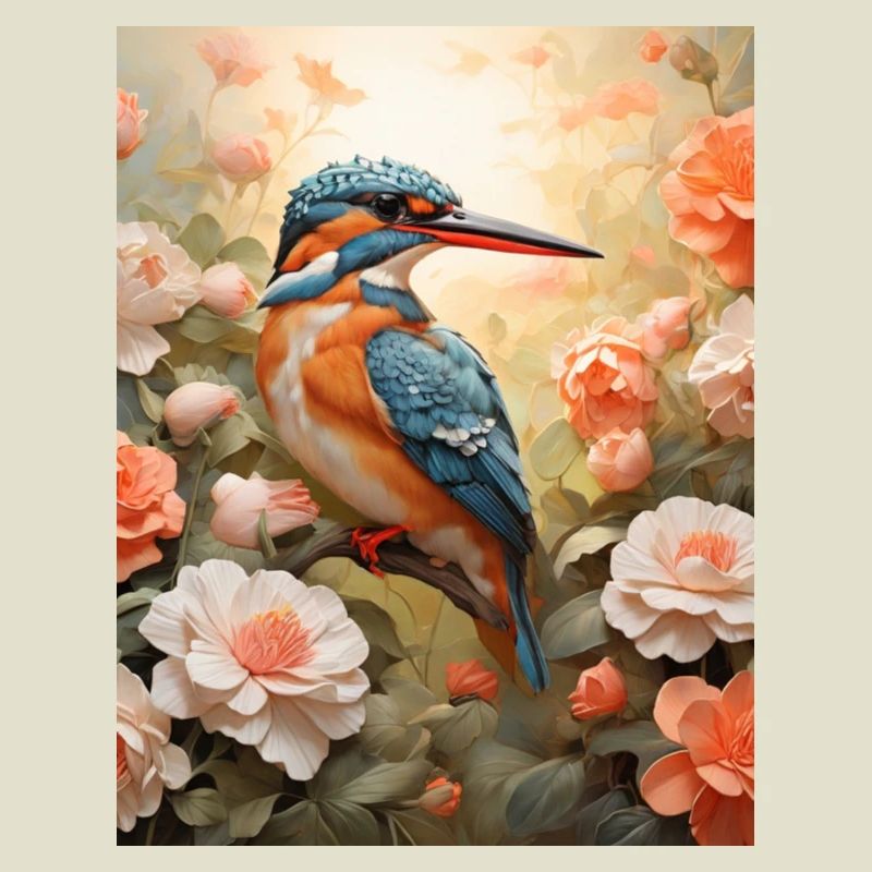 Martin-pêcheur dans une mer de fleurs
