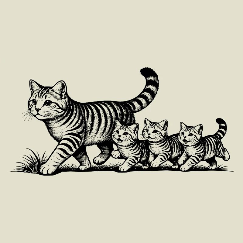 Katzenmutter mit 3 Katzenbabys schwarz