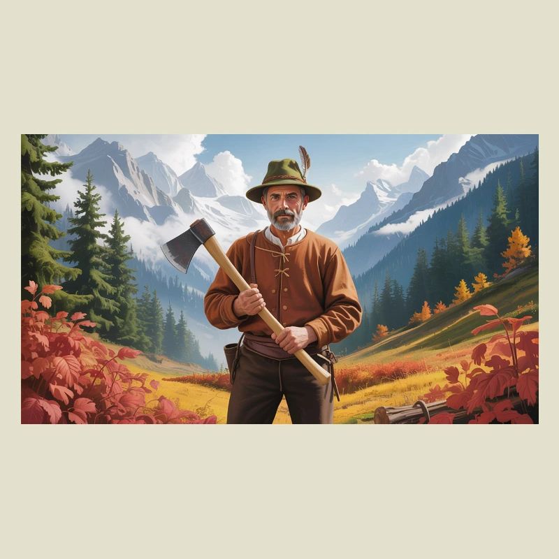 Bûcheron avec hache dans le paysage d’automne
