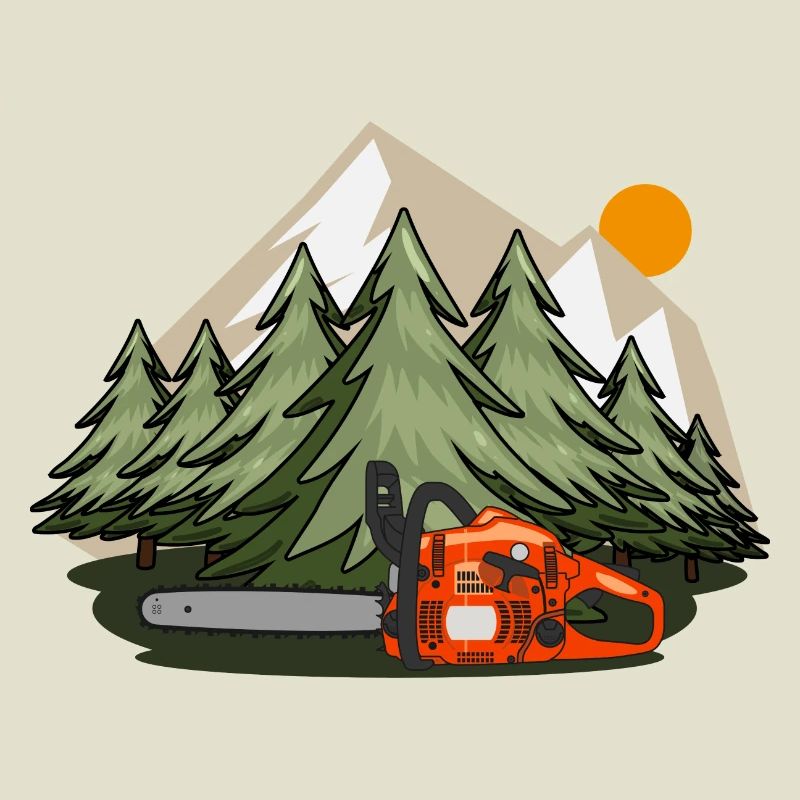 Chainsaw with forest and mountains