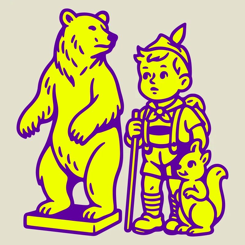 Pop-Art Stilleben mit Bär, Junge und Eichhörnchen