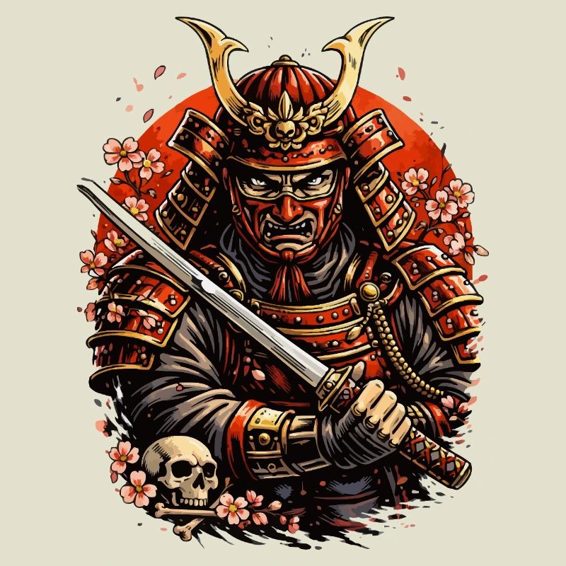 Samurai mit Kirschblüten und Schädel