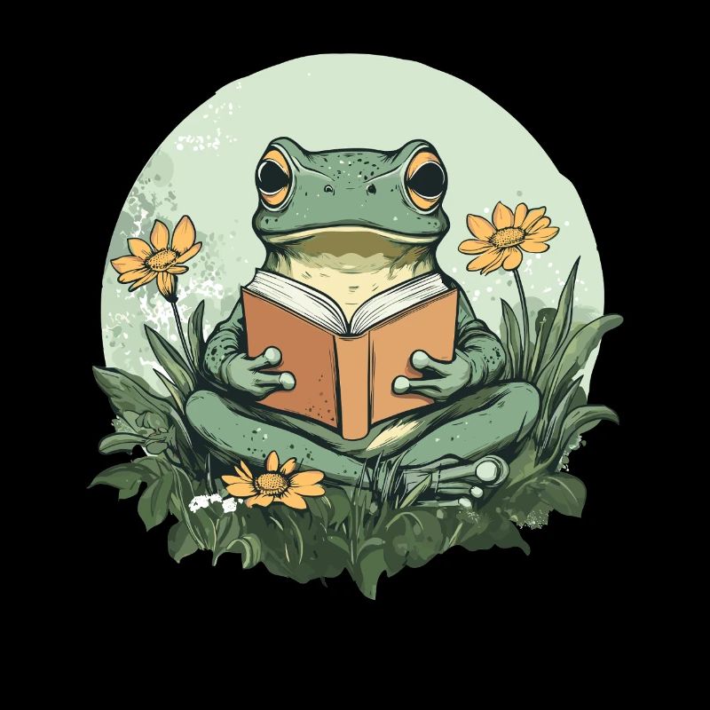 Frosch liest Buch im Blumenmeer