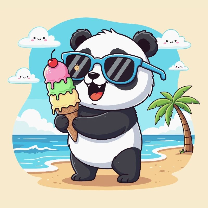 Panda am Strand mit Eiscreme