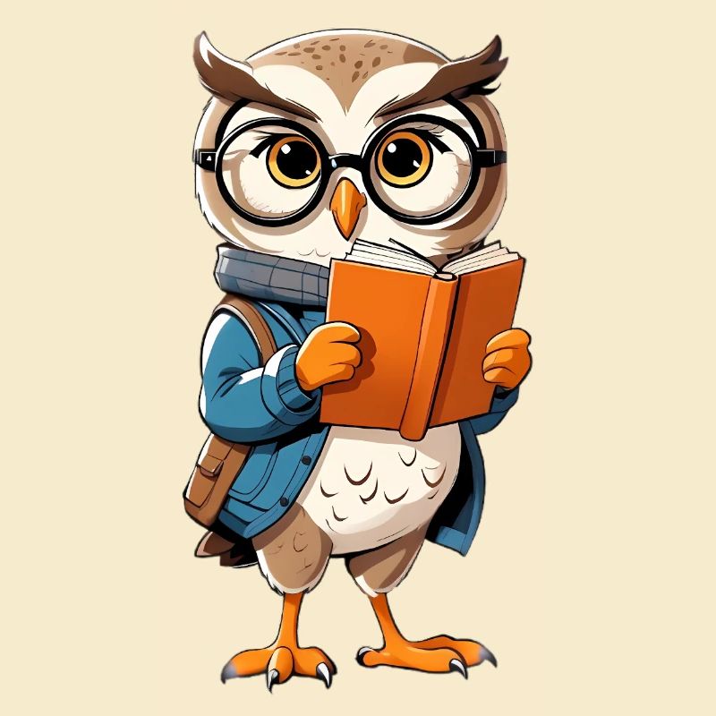 Lernende Eule mit Brille liest Buch