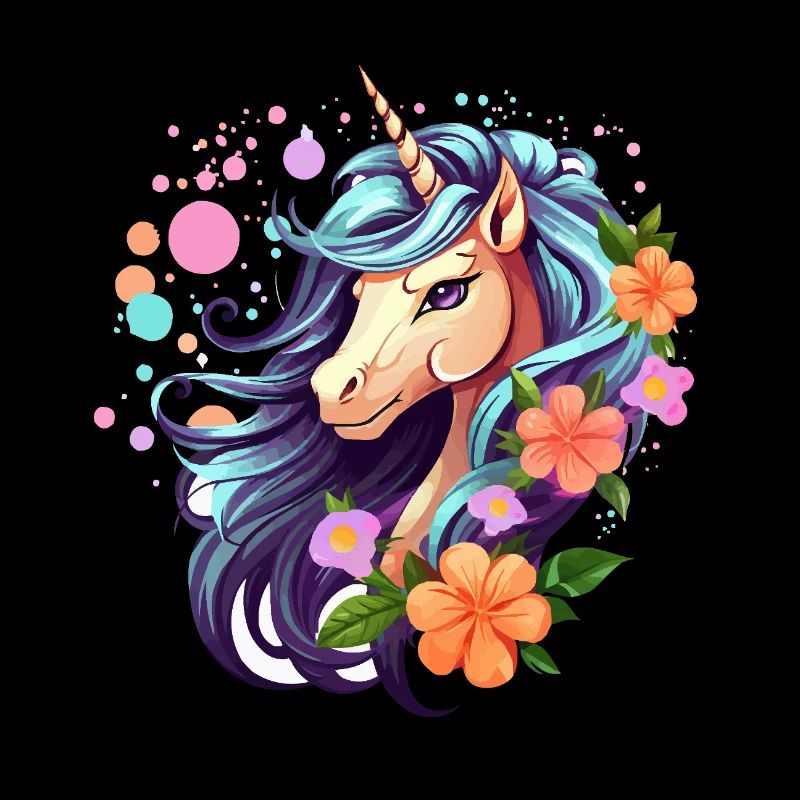 Blaues Einhorn mit Blumenkranz