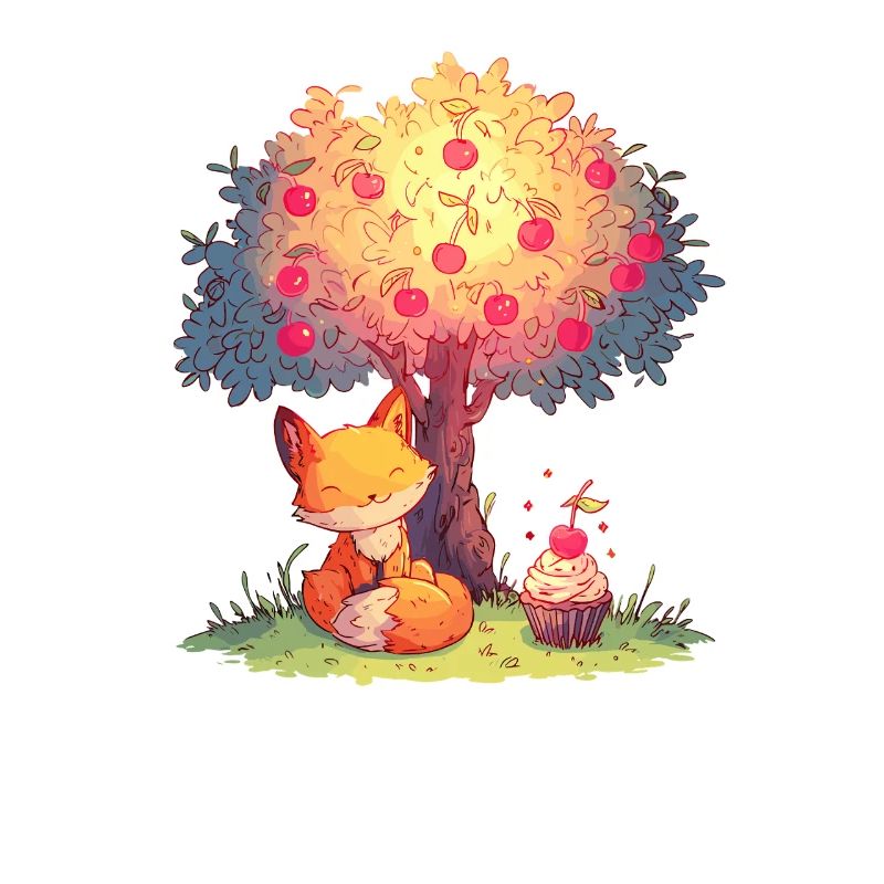 Fox on the apple tree with cupcake