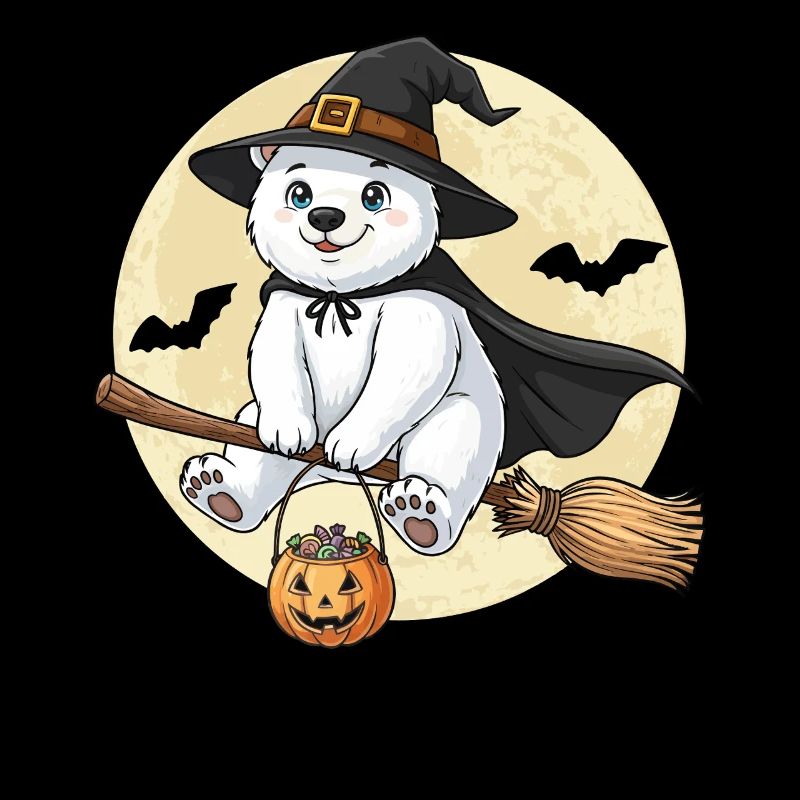 Cute Polar Bear Witch Halloween Pumpkin Full Moon