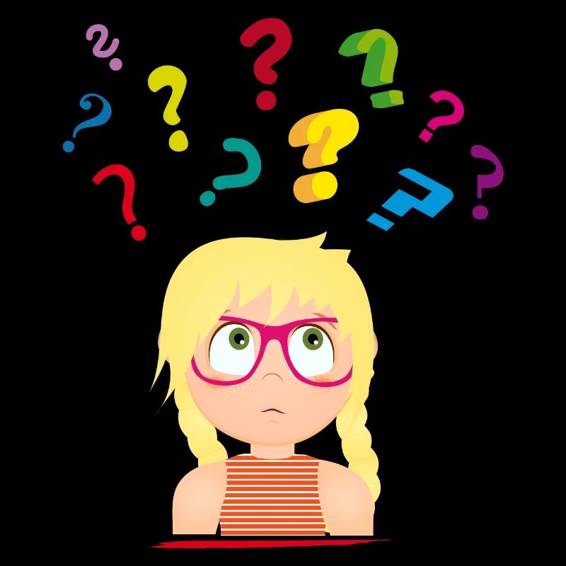 Fille avec des lunettes avec de nombreux points d’interrogation colorés
