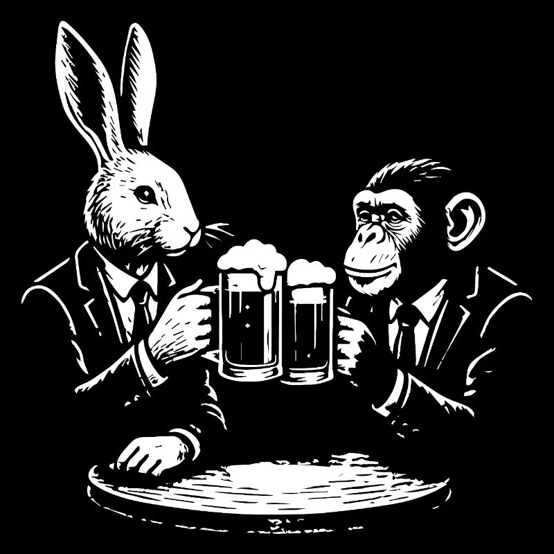 rabbit and monkey are drinking beer in the pub