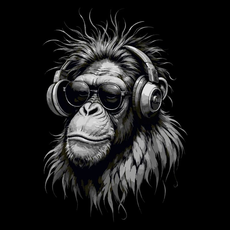 Cool Music Monkey avec casque - Niveaux de gris