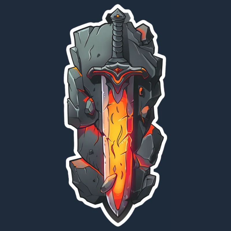 Épée de feu de dessin animé devant un rocher RPG GAme