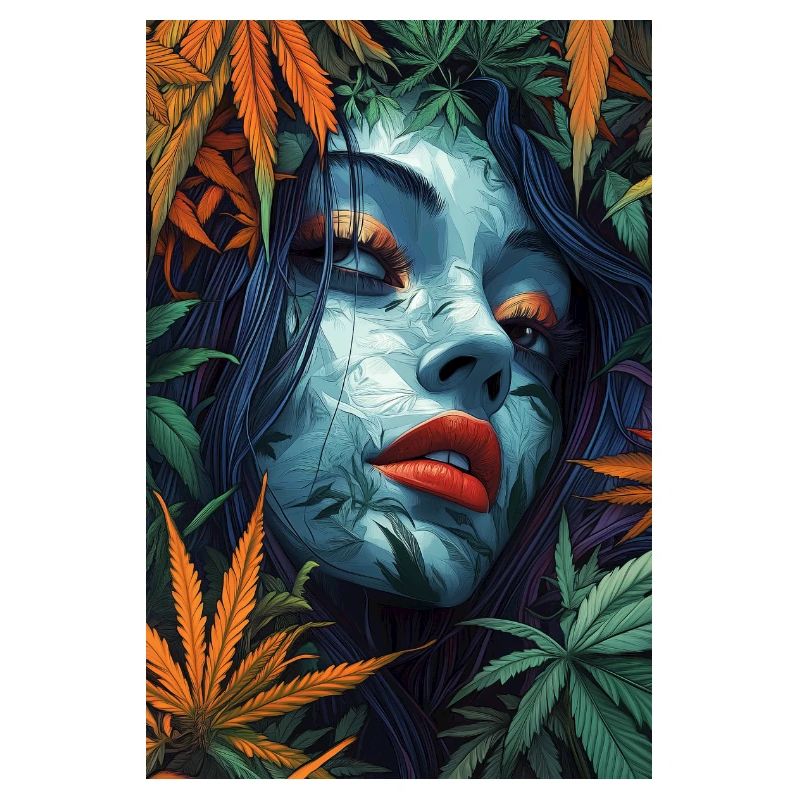Neon leaf portrait with red lips