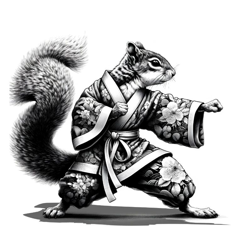 Eichhörnchen mit Kimono in einer Kung Fu Stellung