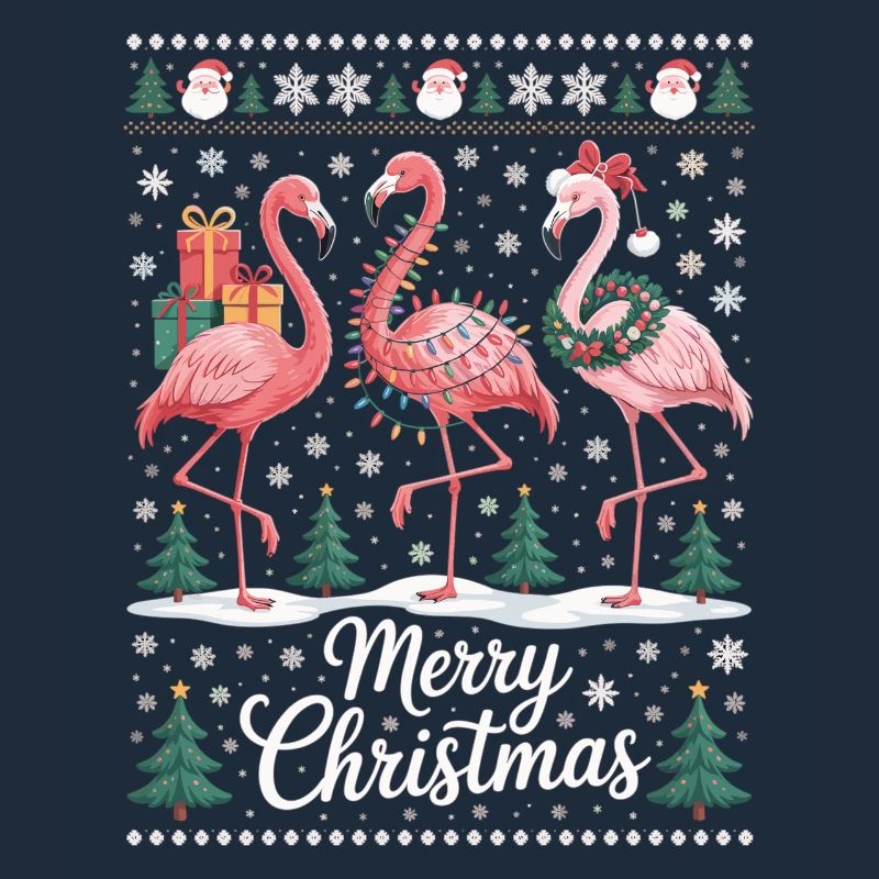 Weihnachtsflamingos mit Schneeflocken und Deko