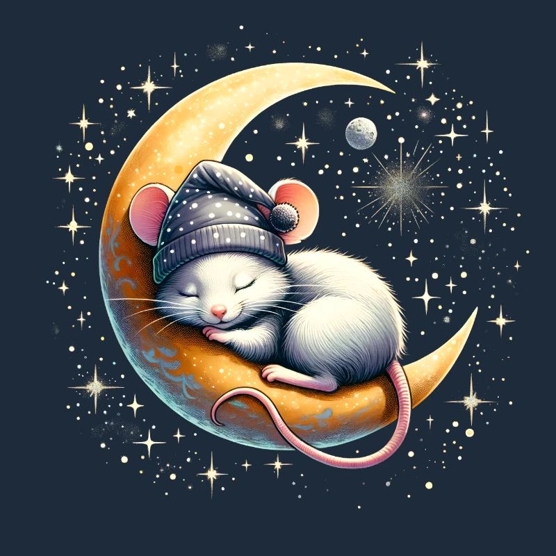 peacefully sleeping mouse, on a crescent moon