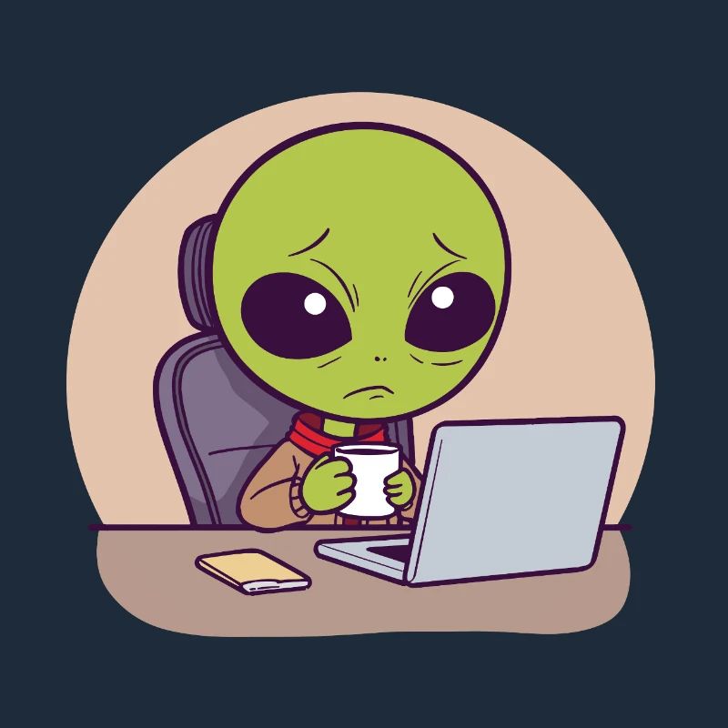 Stressed alien at desk with coffee