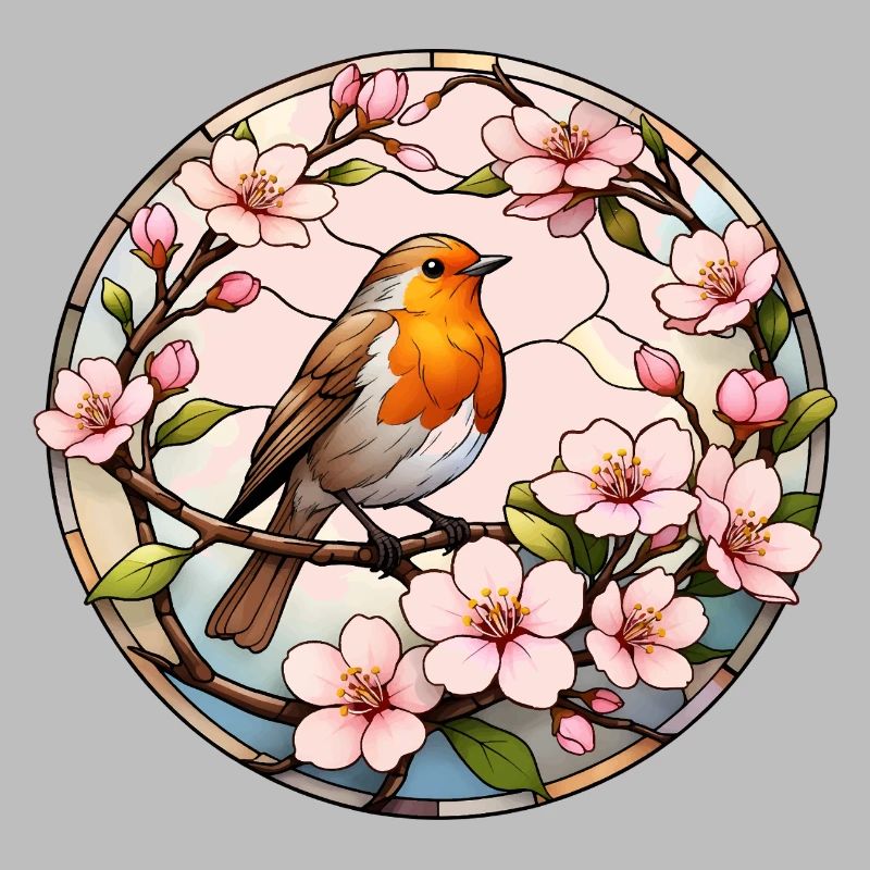 Robin with cherry blossoms spring motif