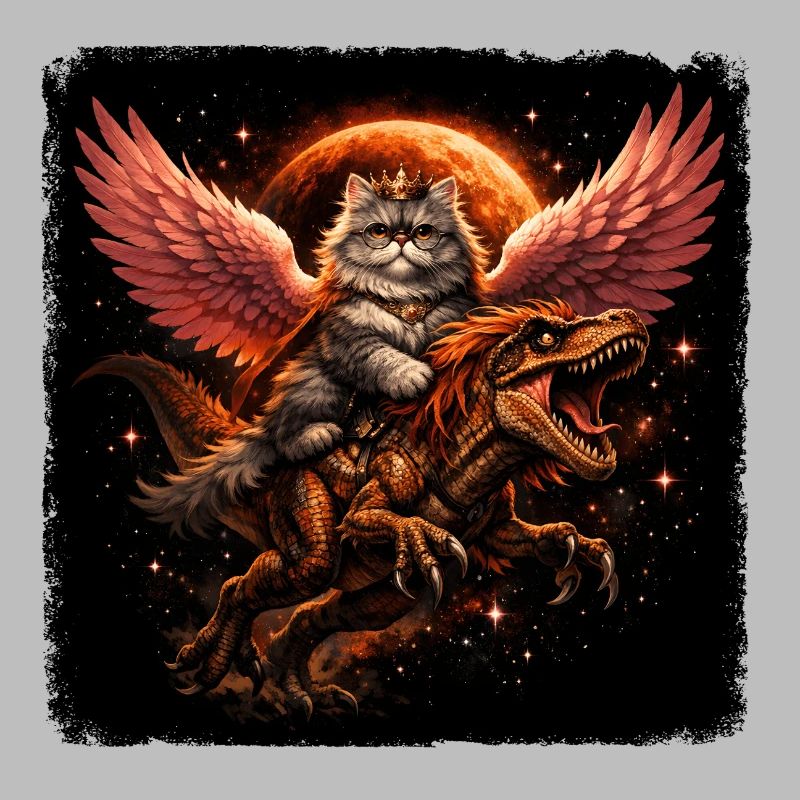 Reine des chats sur T-Rex avec des ailes dans l’espace