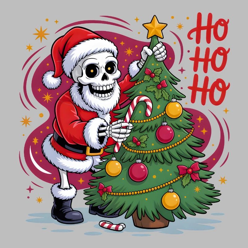 Skeleton Santa decorates tree