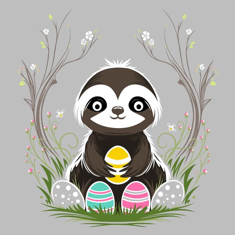 Easter Sloth with Easter Eggs in Spring