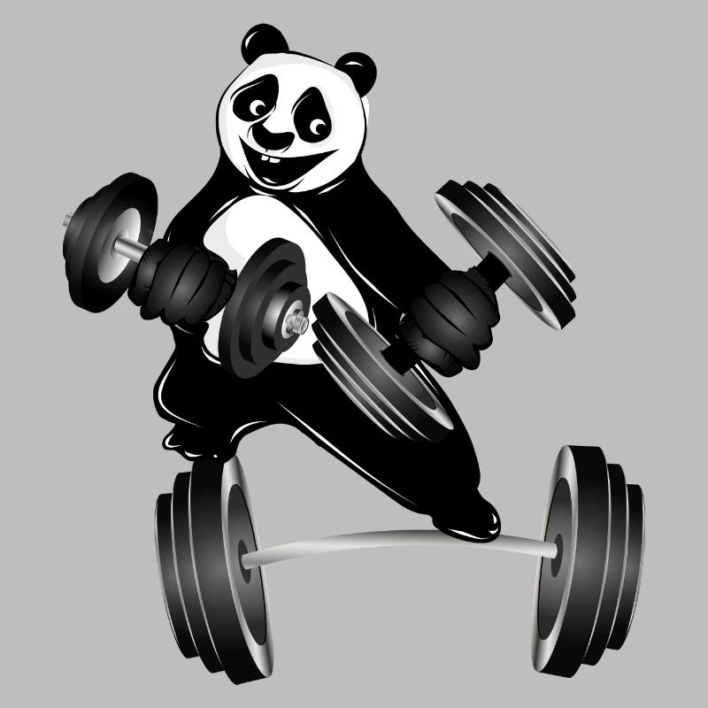 Bodybuilder panda bear with dumbbells while exercising