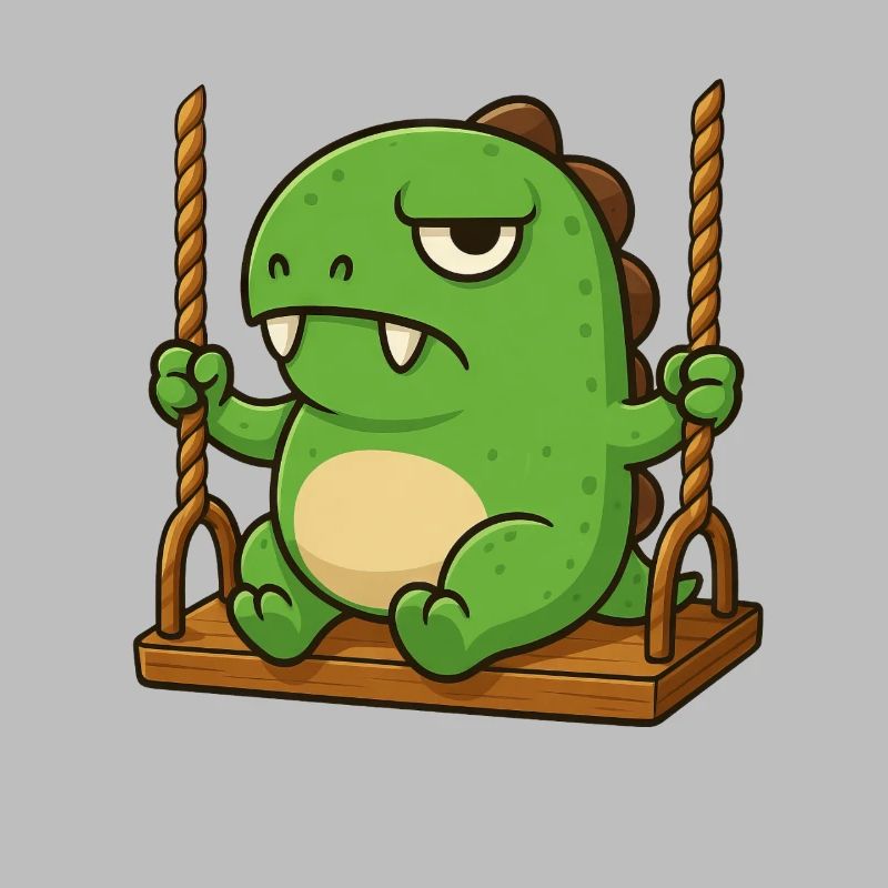 Grumpy T-Rex on swing annoyed and insulted
