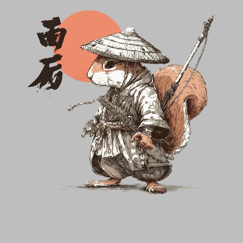 Samurai-Eichhörnchen unter roter Sonne