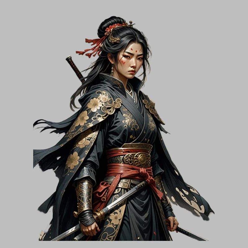 Schwarze Samuraiin mit Goldmustern