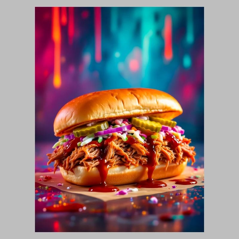 Juicy pulled pork burger surrounded by explosive