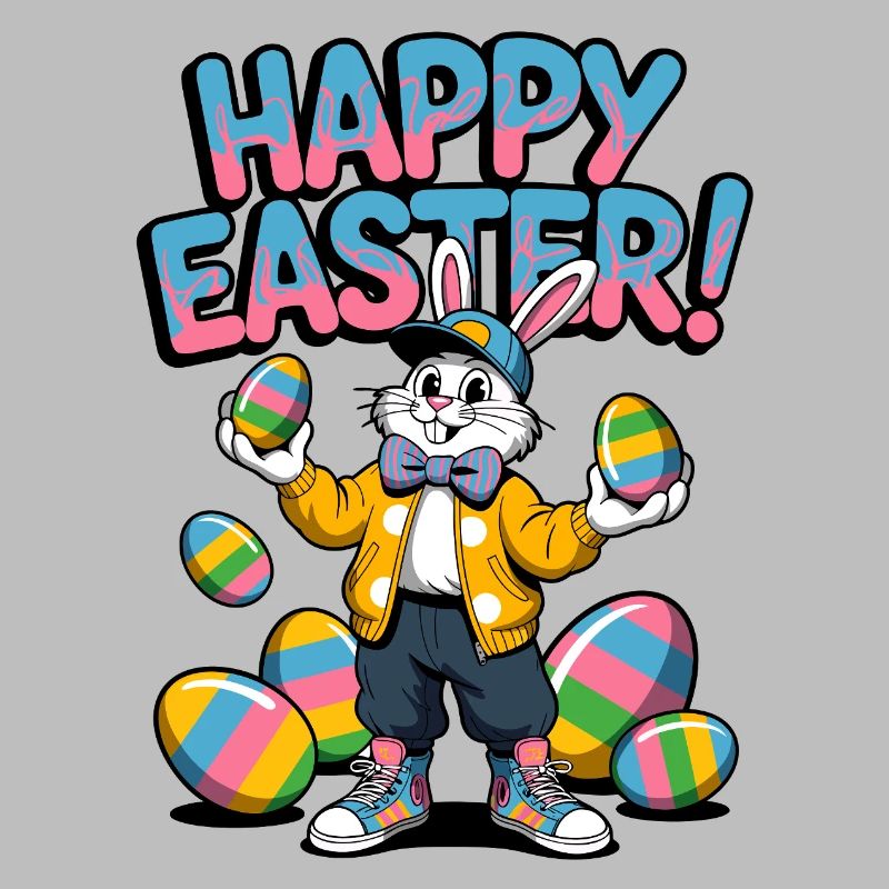 Happy Easter bunny with colorful eggs