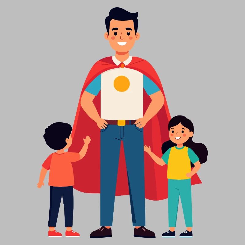 Erzieher Held oder Heldenvater mit Cape und Kinder