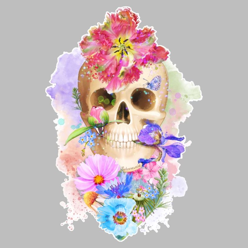 Farbenfroher Schädel mit Blumen Herz