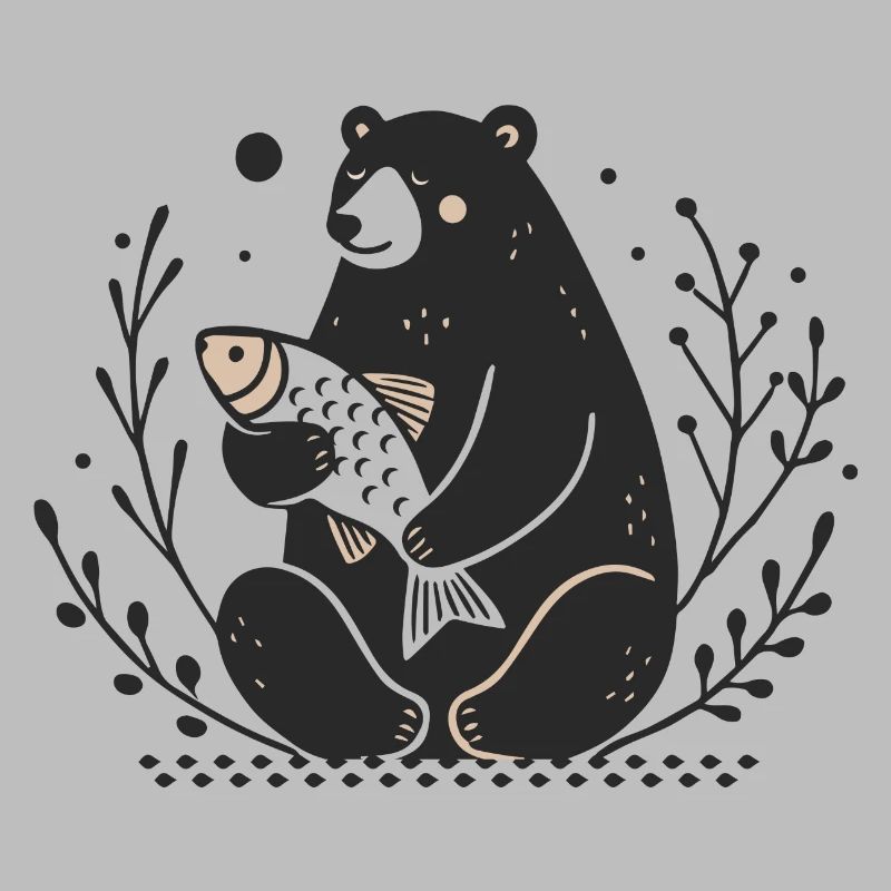 A sitting bear holding a fish