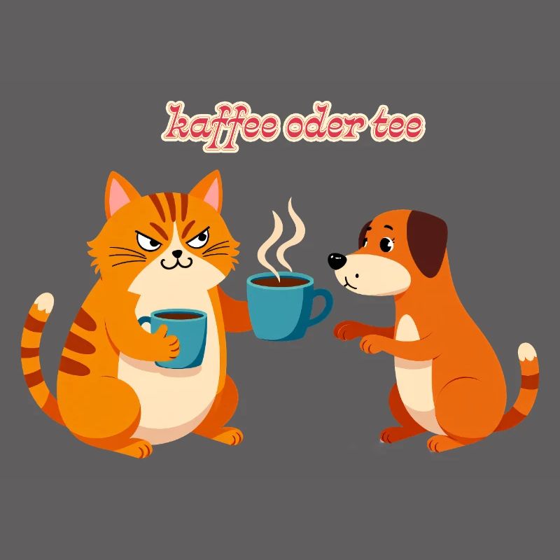 Kaffee oder Tee? Lustige Katze und Hund Bürohumor