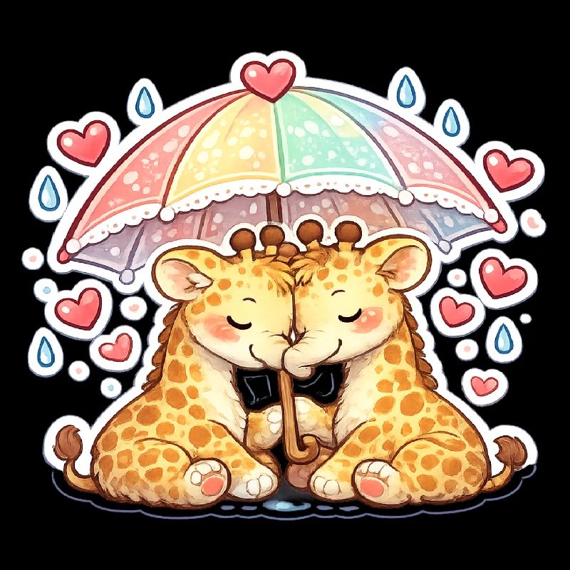 Cuddly giraffes under rainbow