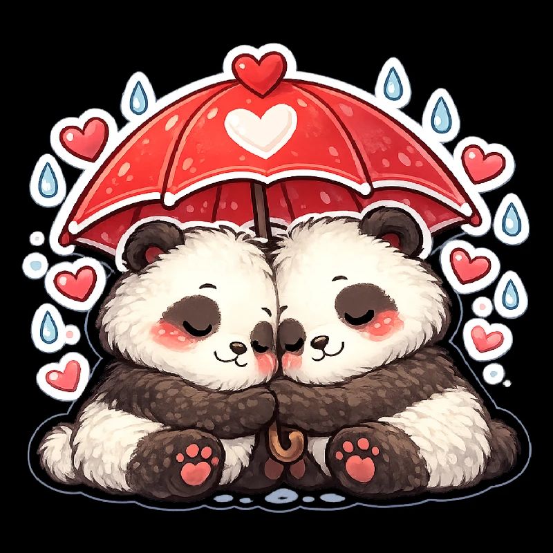Panda-Paar unter rotem Regenschirm