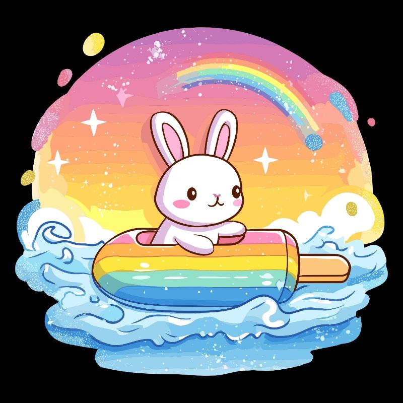 Petit lapin surfe la mer arc-en-ciel