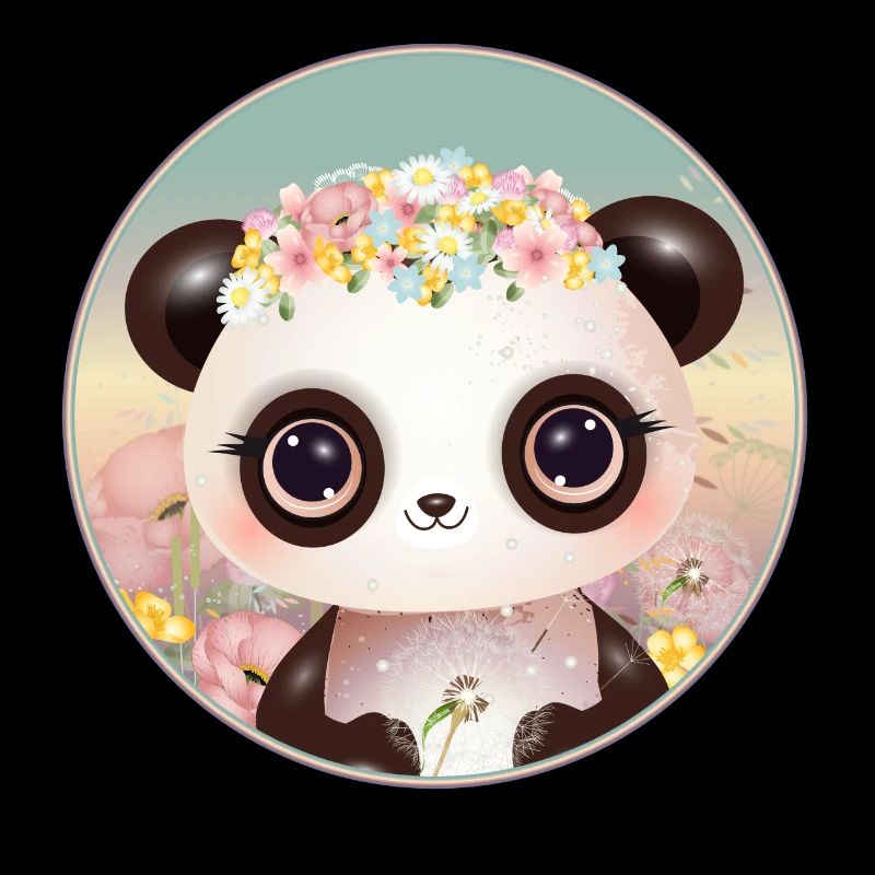Cute panda on a flower meadow in spring
