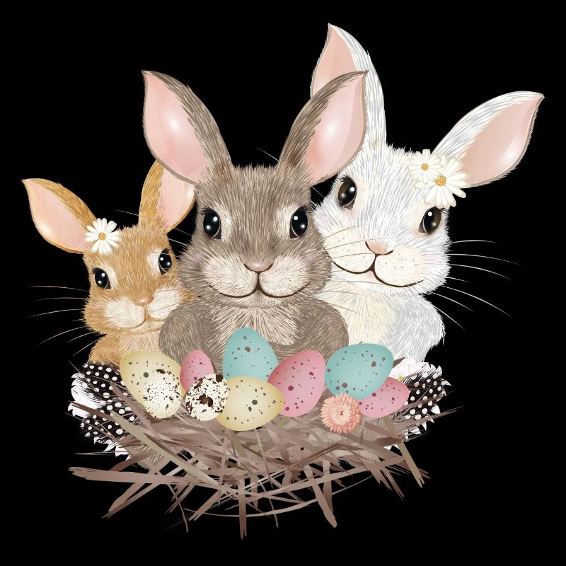 cute easter bunnies family with pastel easter eggs
