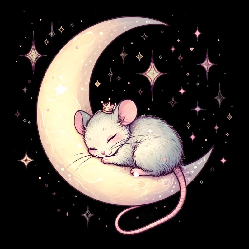 peacefully sleeping mouse, on a crescent moon