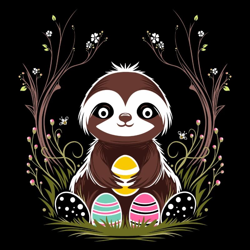 Easter Sloth with Easter Eggs in Spring