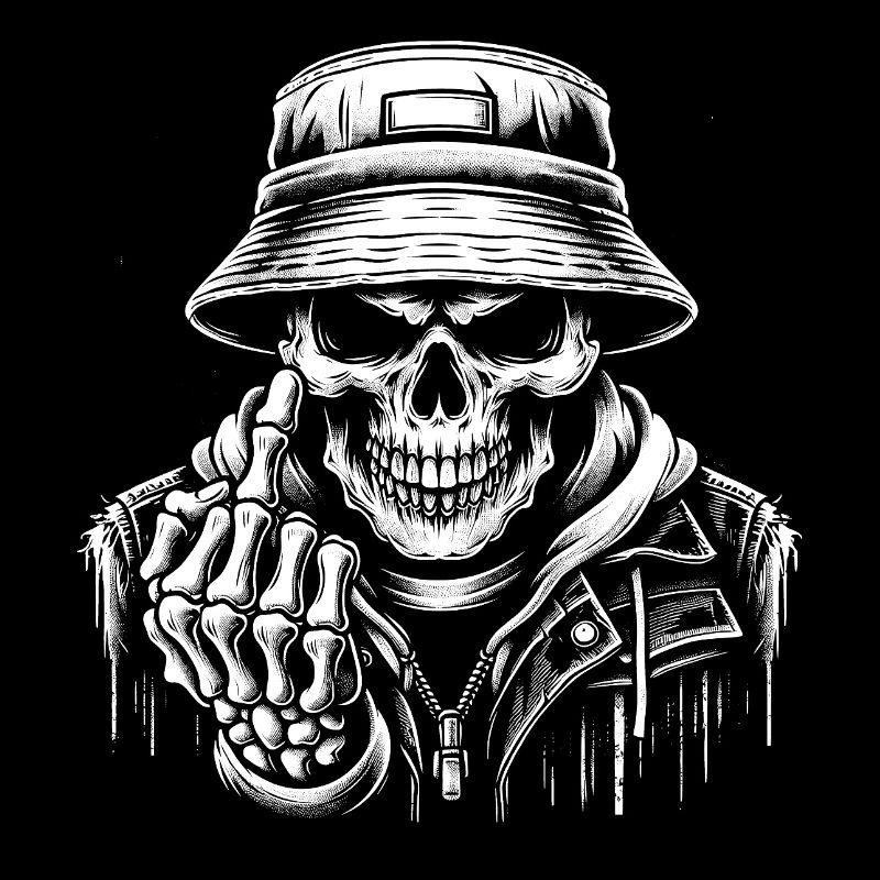 Schädel mit Bucket Hat und Mittelfinger