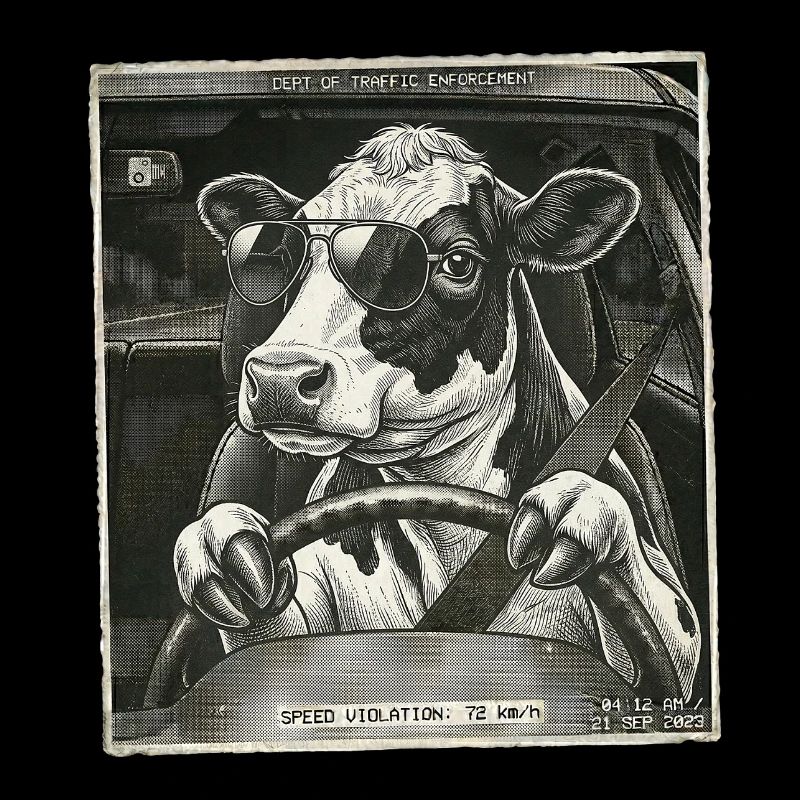 Vache laitière flashed conduisant une voiture
