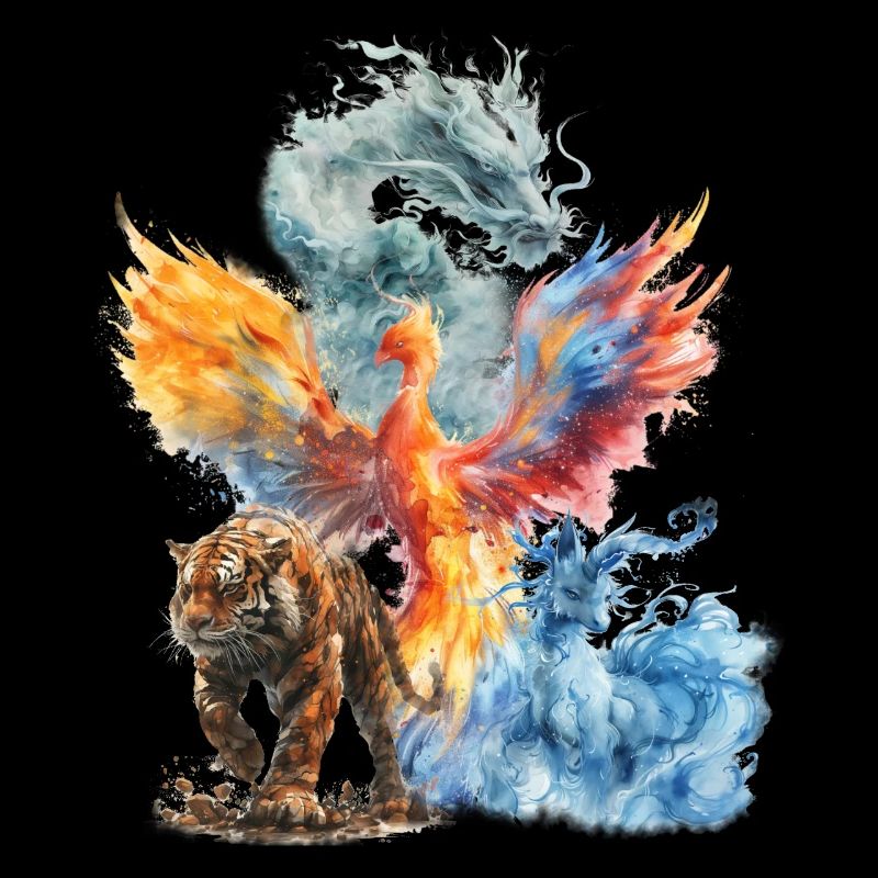 Wasserfarbener Phönix Tiger Drache