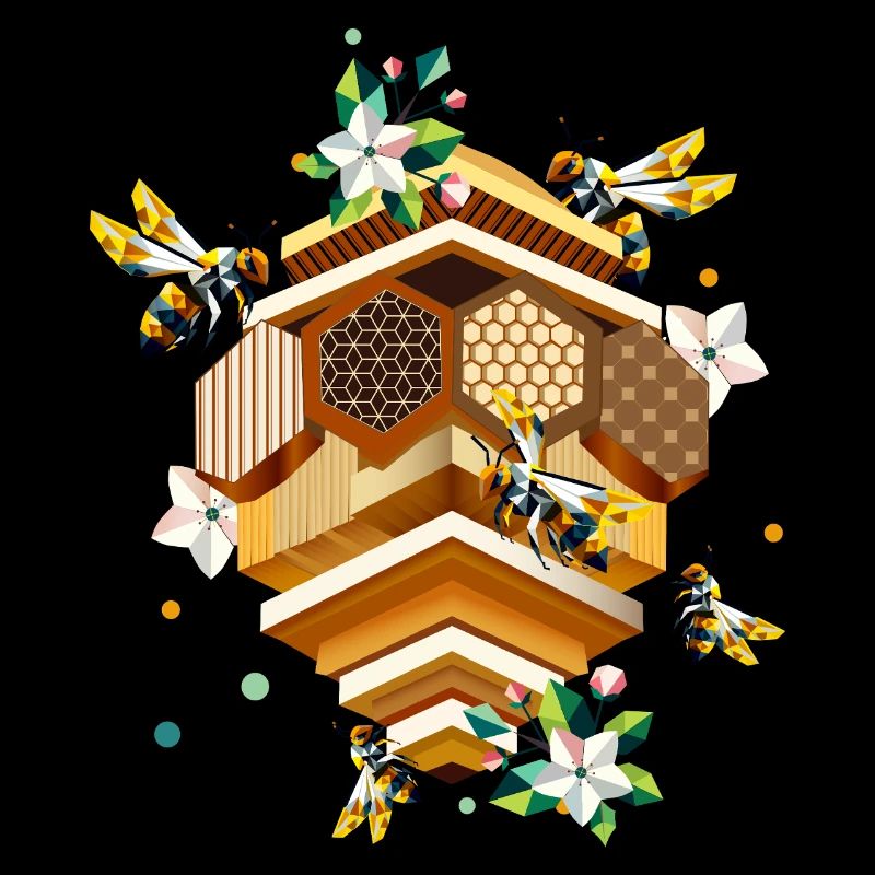 Beehive swarmed by bees and apple blossoms