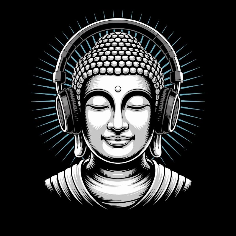 Bouddha avec casque Mindfulness Musique Boho Zen