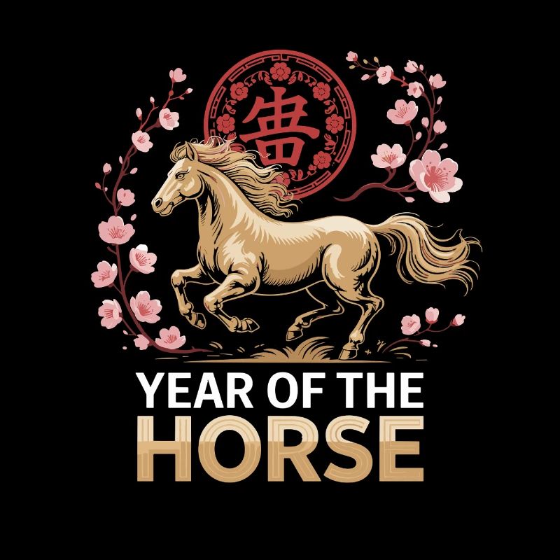 Année du Cheval : Cheval et cerisier en fleurs