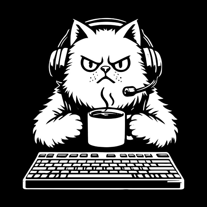 Chat grognon gamer café et clavier