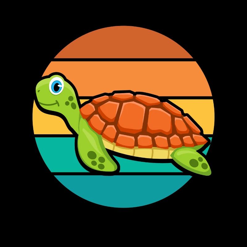 Graphisme rétro de l’océan coucher de soleil de la tortue de mer mignonne